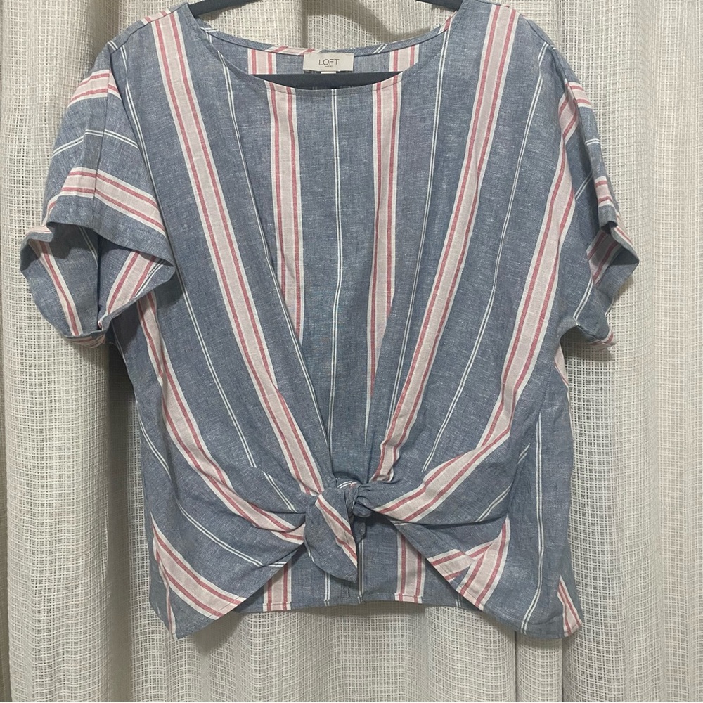 LOFT Striped Blue and Pink Linen Blend Short Sleeve Tie-Front Blouse